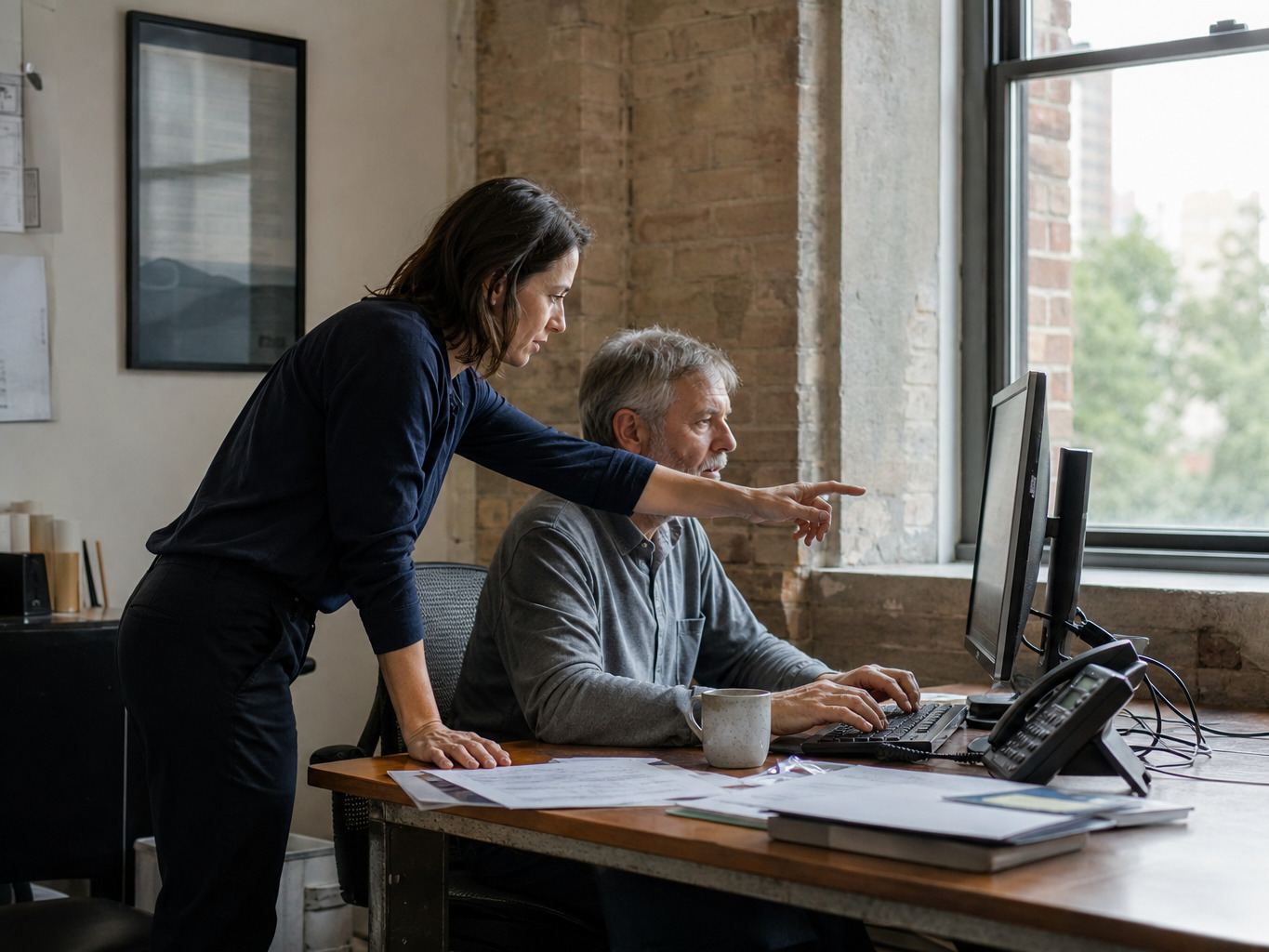 A colleague leaning in to point at a monitor while another keeps working at the keyboard.