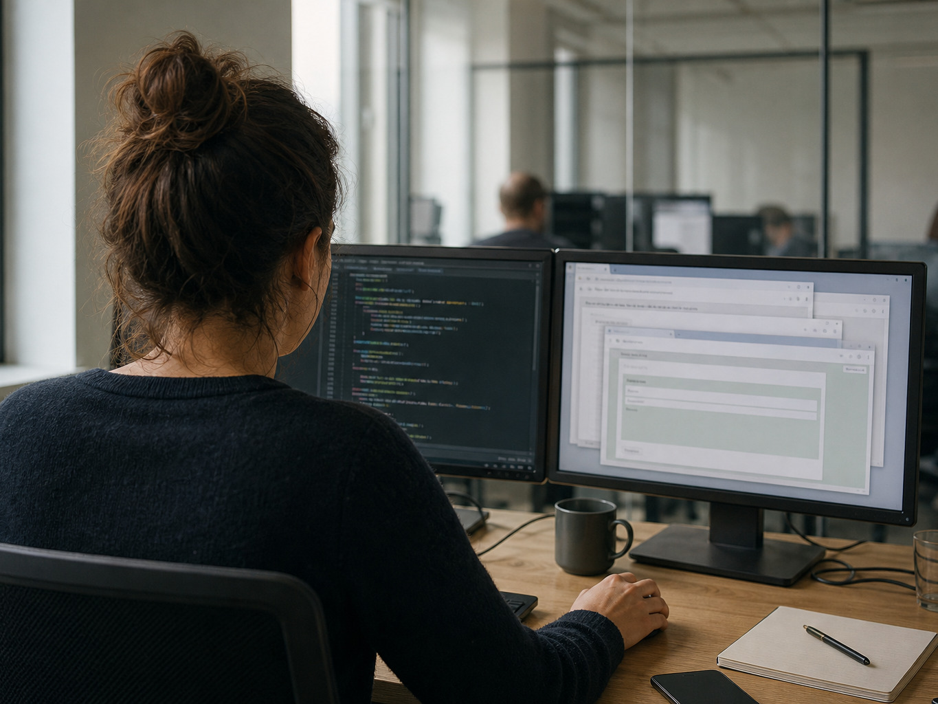 A developer at two monitors, source code on one and the running application on the other.